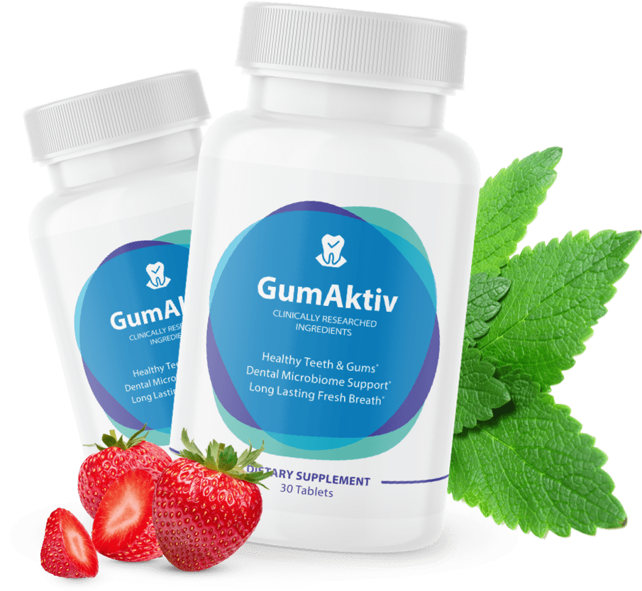 Two bottles of GumAktiv with strawberries and mint