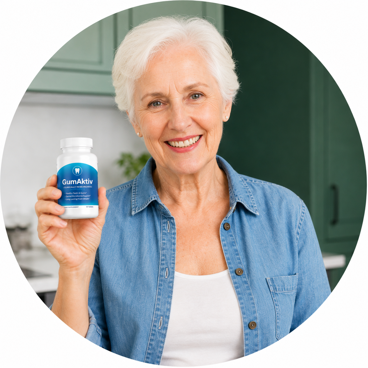 Karen B. holding a bottle of GumAktiv
