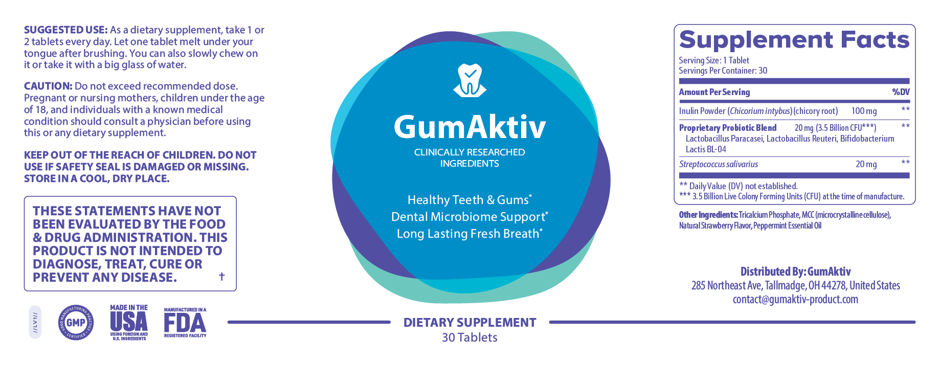 GumAktiv supplement facts label with ingredients and suggested use